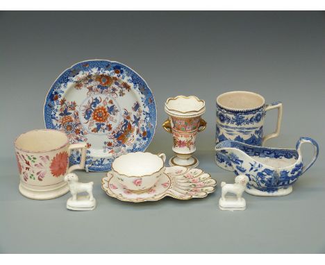 A collection of 19thC ceramics to include Crown Derby, Samson and Hancock shell-shaped cup and saucer, Spode Imari plate, min