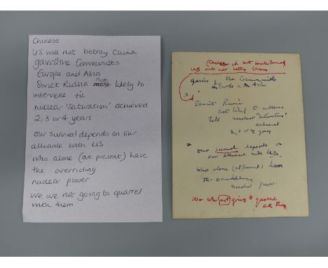 Hand written Winston Churchill speech notes with amendments; some indistinct passages but essentially regarding nuclear proli