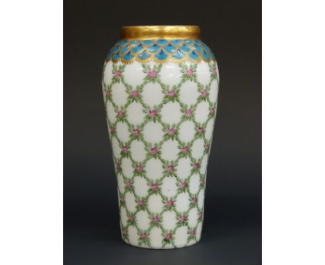 Legras glass vase enamelled with floral garlands and gilt scales over an opal ground, 15.5cm tall. 