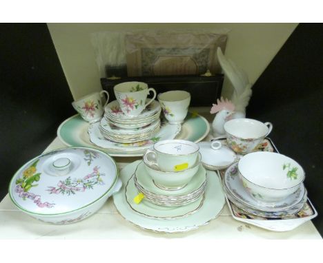 A collection of ceramics including Susie Cooper, Dresden meat plate, Lladro cockerel, Adderley and Colclough part tea sets, R