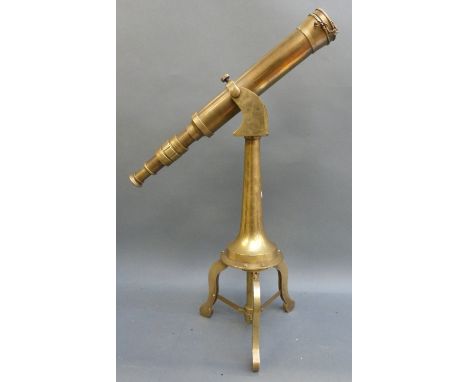 A brass telescope on tripod stand with screw focus and end cap, 46cm tall