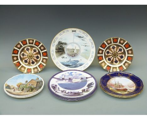 Royal Crown Derby 1128 pattern plates, Coalport, Spode and Doulton collectors' plates with military, maritime and pastoral sc