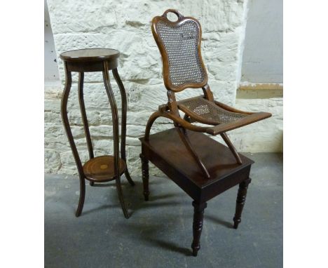 An inlaid mahogany jardiniere stand, child's bergere folding seat, small table and a copper table, shooting stick and copper 