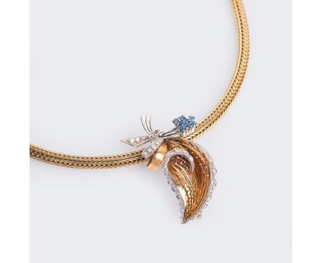 Gold-Collier mit floralem Vintage-Mittelteil. 14 kt. GG und WG, tlw. gest. Vintage-Schaustück mit 8 kl. Saphiren im Rundschli