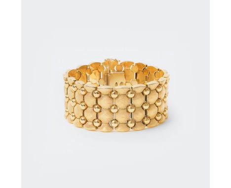 Breites Vintage Gold-Armband. Um 1960. 18 kt. GG, gest., poliert und ziseliert. Geometrisch geformte, bewegliche Glieder. B. 