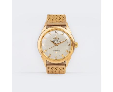 Omega. Vintage Herrenarmbanduhr Constellation. Um 1955. 18 kt. RG, gest. (Armband) u. vergoldeter Stahl (Gehäuse), Automatik.