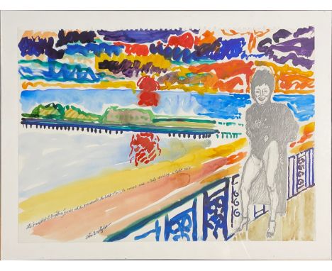 John Bratby (1928-1992), The Grand Hotel Brighton terrace with the promenade and West Pier, the sunset and a lady standing in