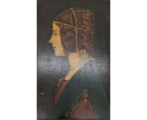 After Giovanni Ambrogio de Predis (c. 1455-1508), A 20th-century miniature portrait of Beatrice d'Este, oil on wood panel, H.