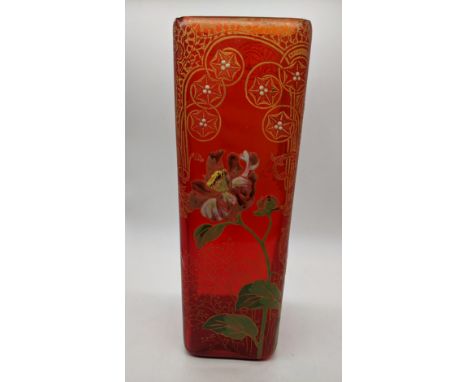An Art Nouveau Mont Joye (Legras &amp; Cie) cameo-cut red lead glass vase with gilt and enamel decoration, H.29cm, W.9cm