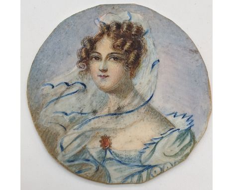 An 18th century French miniature portrait of La Contesse de Beauchamp, D.4.5cm