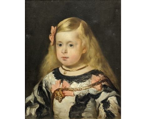 After Diego Velasquez, portrait of Margarita from Las Meninas, oil on canvas, early 20th century, H.46cm W.38cm