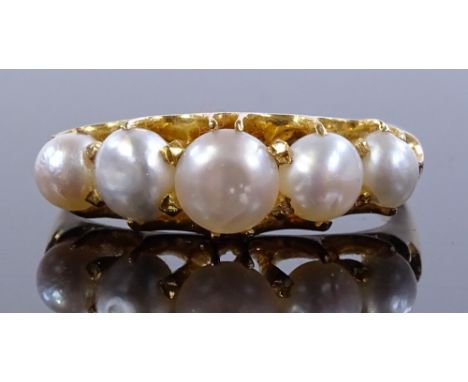 An unmarked gold pearl half-hoop ring, settings high carat, setting height 7.2mm, size Q, 6.5g