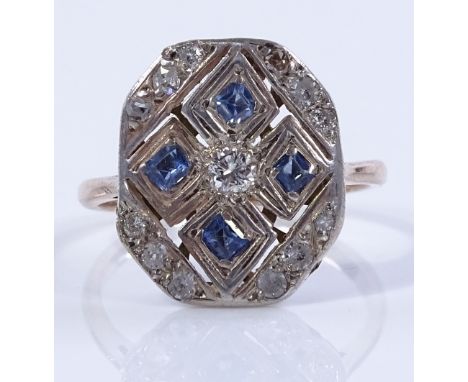 An Art Deco sapphire and diamond set panel ring, unmarked gold settings, setting height 15.5mm, size N, 2.5g