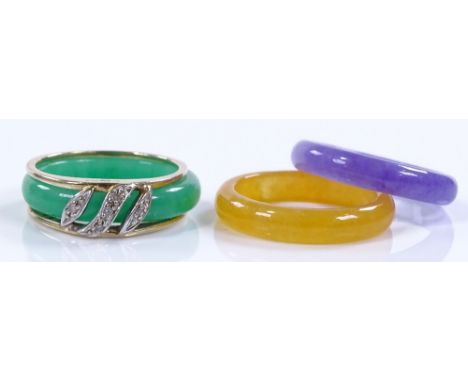 An inter-changeable 9ct gold and diamond ring, with 3 coloured jade bands