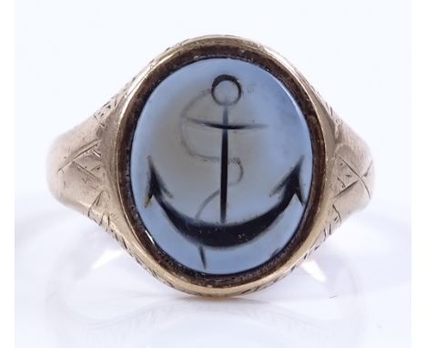 A 9ct gold Sardonyx Intaglio anchor ring, setting height 15mm, size O, 4.5g