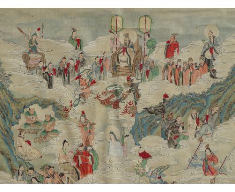 An early 20th century Chinese School, watercolour scroll painting on silk, depicting figures in misty mountains, in silk bord