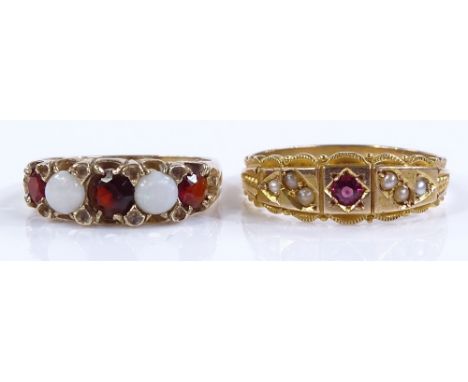 An unmarked gold ruby and pearl ring, size R, together with a 9ct gold opal and garnet ring, size M (2)