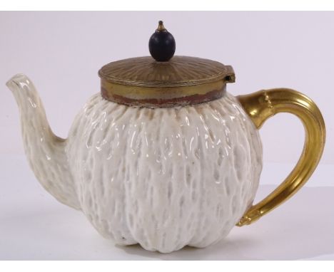 A Coalport ceramic teapot with gilded handle, by Hukin &amp; Heath, registered no. 185045