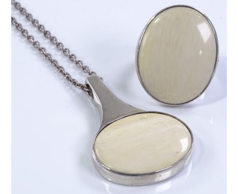 A Danish sterling silver and marine ivory teardrop pendant necklace and matching ring (2)