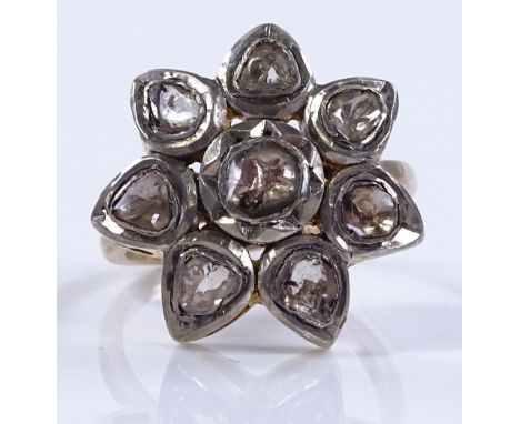 An unmarked gold flat-top diamond cluster flowerhead ring, setting height 20.6mm, size P, 6g