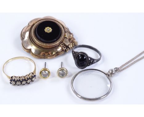 A Victorian gilt metal brooch, a sapphire and diamond set ring, and other jewellery