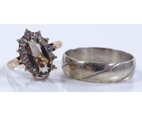 A 9ct gold smokey quartz and paste cluster ring, together with a 9ct white gold wedding band (2)