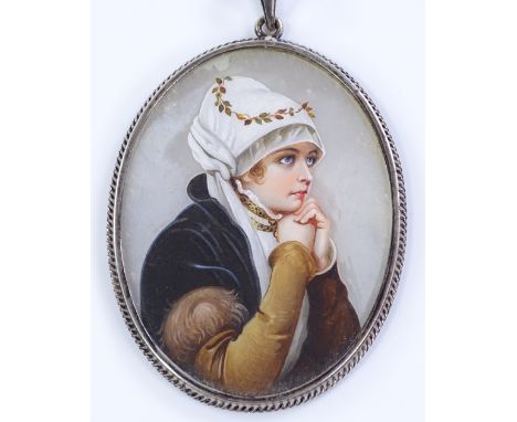 A painted portrait miniature on mother-of-pearl panel, in silver pendant frame, height excluding bale 53.4mm
