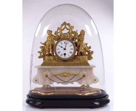 A Victorian gilt-metal and alabaster clock under glass dome, overall height 44cm, dome A/F