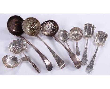 Various silver sifter spoons, sauce ladles, caddy spoons etc