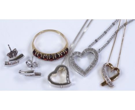 9ct gold and diamond set heart pendants, a stone set ring etc