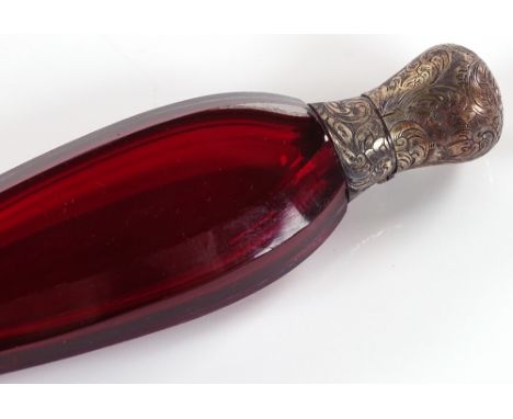 A 19th century Ruby glass scent flask with unmarked engraved silver hinged top, length 13cm