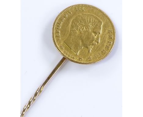 A French gold 20 francs Napoleon III coin on stick pin, 2.5g