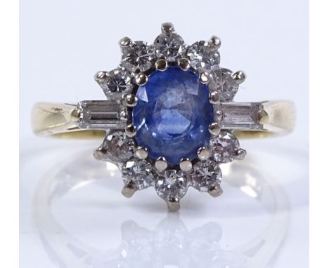 An 18ct gold sapphire and diamond cluster ring, oval-cut sapphire approx 0.73cts, surrounded by brilliant-cut diamonds and ba