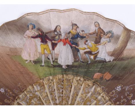 A 19th century carved and pierced bone fan, with hand painted screen depicting figures playing in a garden, signed J L Luna, 