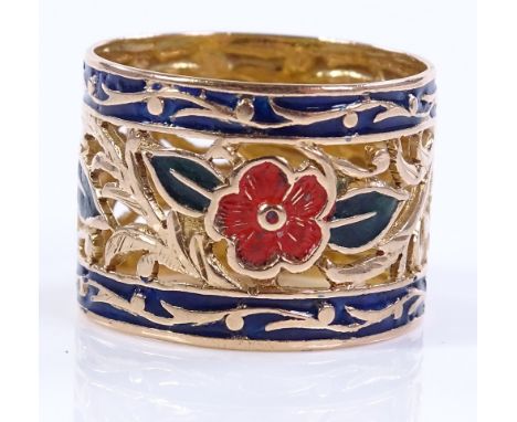 An unmarked gold enamel floral band ring, settings test as 18ct, band width 14.3mm, size N, 5.7g