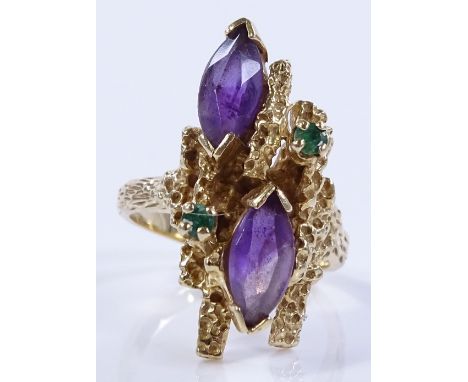 A 1970s 14ct gold amethyst and emerald naturalistic ring, setting height 26.7mm, size O, 9g