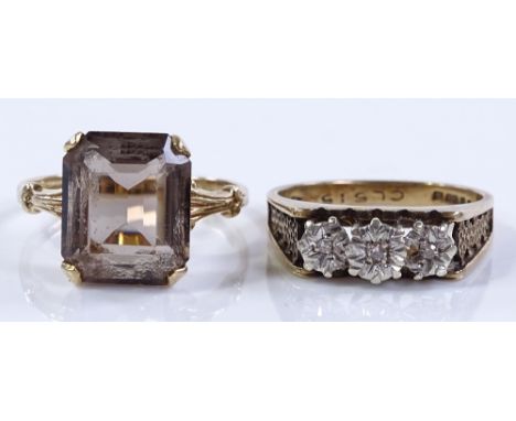 A 9ct gold 3-stone diamond ring, size M, together with a 9ct gold smokey quartz ring, size P1/2 (2)