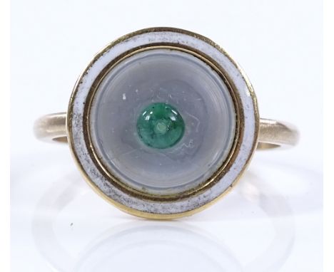 An emerald mother-of-pearl and enamel ring, unmarked gold settings, setting height 13.3mm, size M, 2.5g