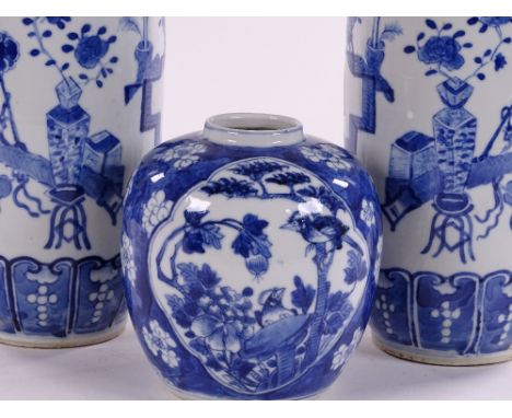 A pair of Chinese blue and white porcelain Rouleau vases, height 30cm, and a Chinese ginger jar, all with 4 character marks (