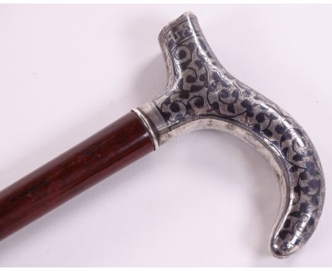 A Russian silver and niello-handled walking stick