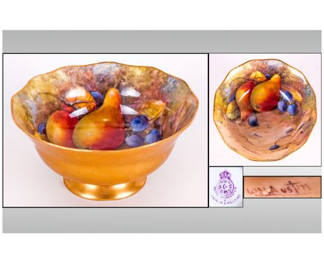 Royal Worcester Hand painted and Signed Bowl ' Fallen Fruits ' Design ' Pear and Berries ' Signed W.H. Austin. Date 1922. 2 I