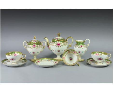 Noritake Fine Quality Hand - Decorated 9 Piece Tea Service. c.1910. Comprises 1 Teapot, 1 Milk Jug and Sugar Bowl, 3 Trios.