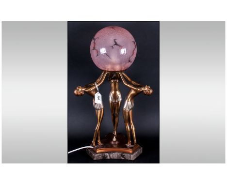 Art Deco Bronzed Spelter Table Lamp, Depicting Three Semi Clad Dancers, Leaning Back With Raised Arms Holding A Pink Glass Ma