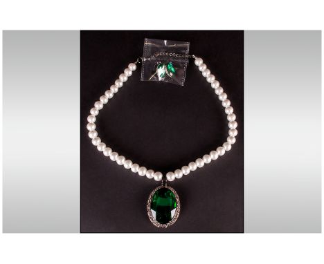 Emerald Green Crystal and White Glass Pearl Necklace and Earrings Set, a large emerald green oval pendant, set in an oxydised