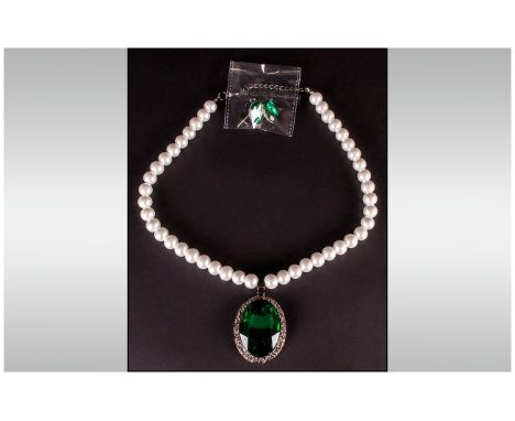 Emerald Green Crystal and White Glass Pearl Necklace and Earrings Set, a large emerald green oval pendant, set in an oxydised