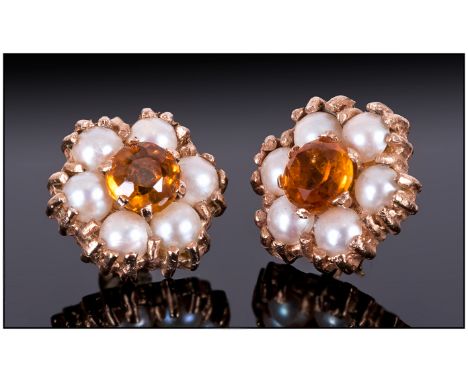 Pair of Citrine and Seed Pearl Stud Earrings in a flower shape, with post and push back fittings in 9ct gold