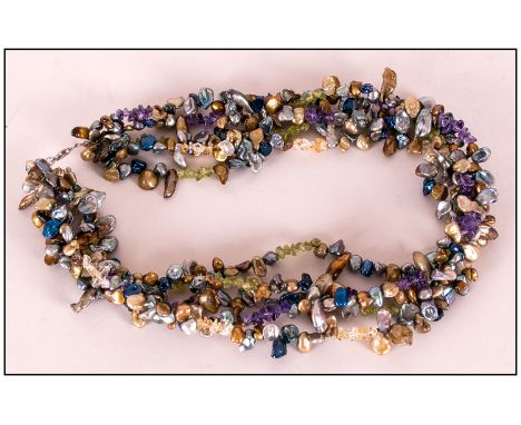 Multicolour Keshi Pearl and Gemstone Necklace, comprising five strands of peacock, pale blue and gold colour keshi pearls, tw