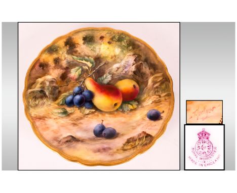 Royal Worcester Hand Painted Cabinet Plate ' Fallen Fruit ' Pears and Berries. Signed T. Lockyer. Date 1922. 9.25 Inches Diam