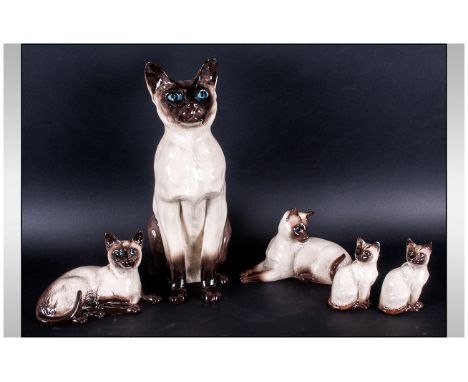 Beswick Siamese Cat Family comprising 5 figures. Designer Albert Hallam. Model 1887, 1897, 2139, 1559. 13.75 inches high. All