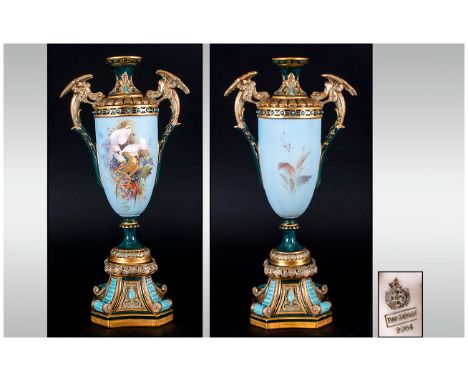 Royal Worcester Signed Renaissance Style Vase, the elongated, goblet shaped body hand painted with a scene of gilt and white 